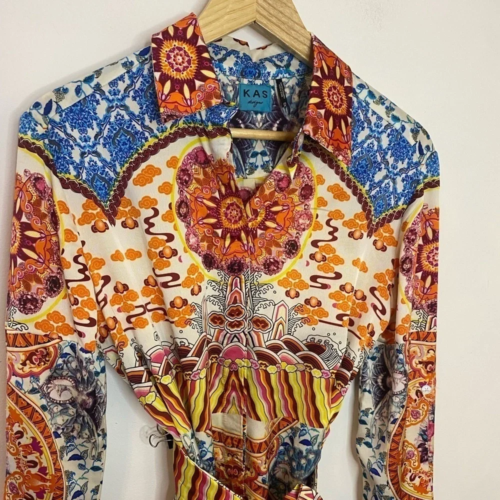 KAS Designs Multicolor Abstract Print Tie Waist Satin Shirt Dress - Picture 6 of 6